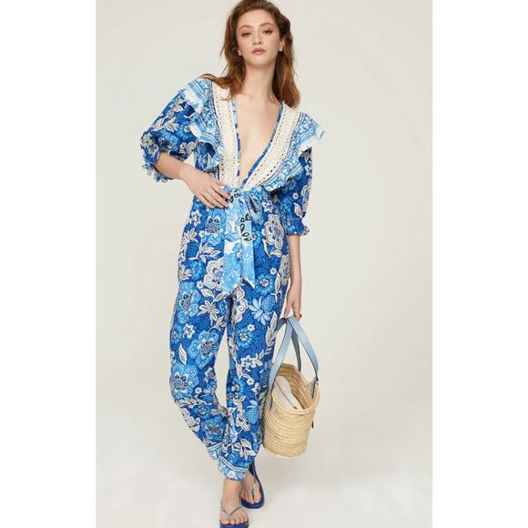 FARM Rio Pants - Farm Rio‎ Floral Linen Jumpsuit Tropical Puff Sleeve Women Medium NWT Blue White